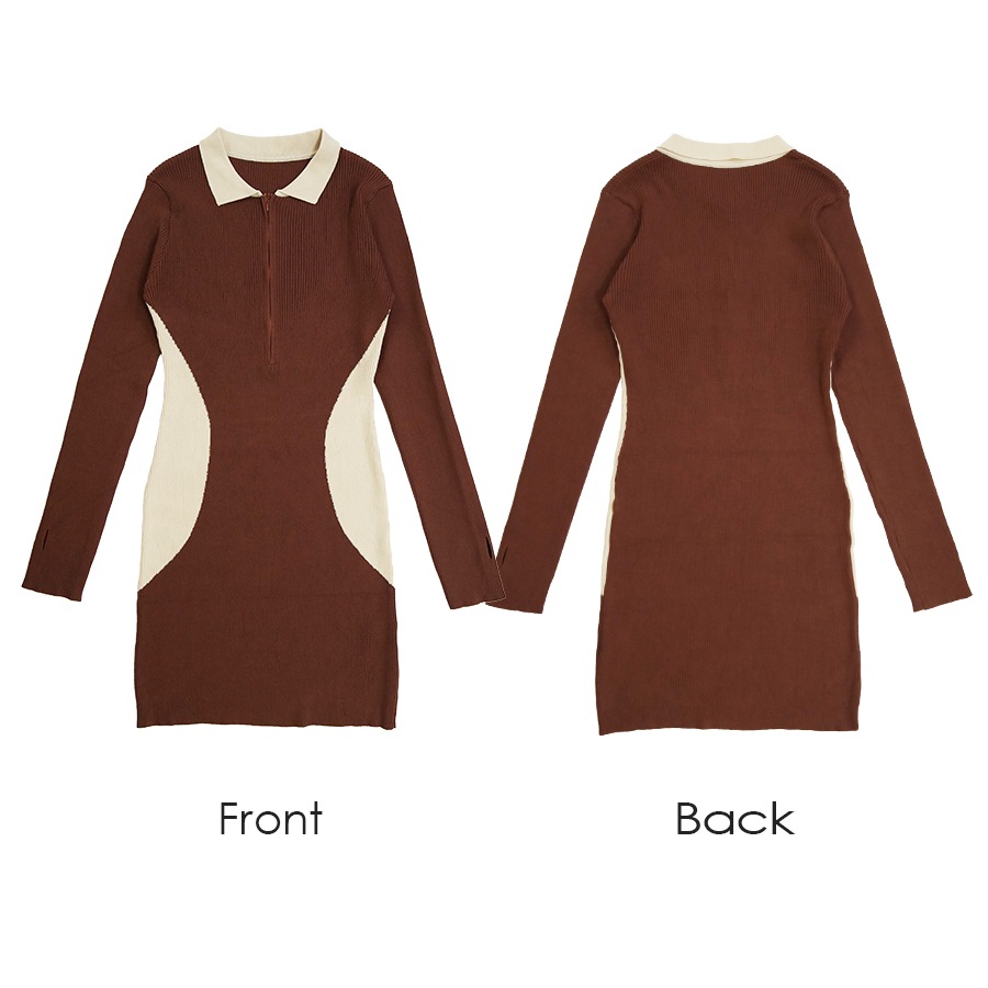 ニット ワンピース 襟付き ファスナー 指穴 バイカラー リブ 長袖 配色 タイトワンピース セクシー オフィスカジュアル 韓国ファッション シンプル きれいめ 大人 レディース 春 秋 冬 ブラック ブラウン フリーサイズ JOCOSA 9231
