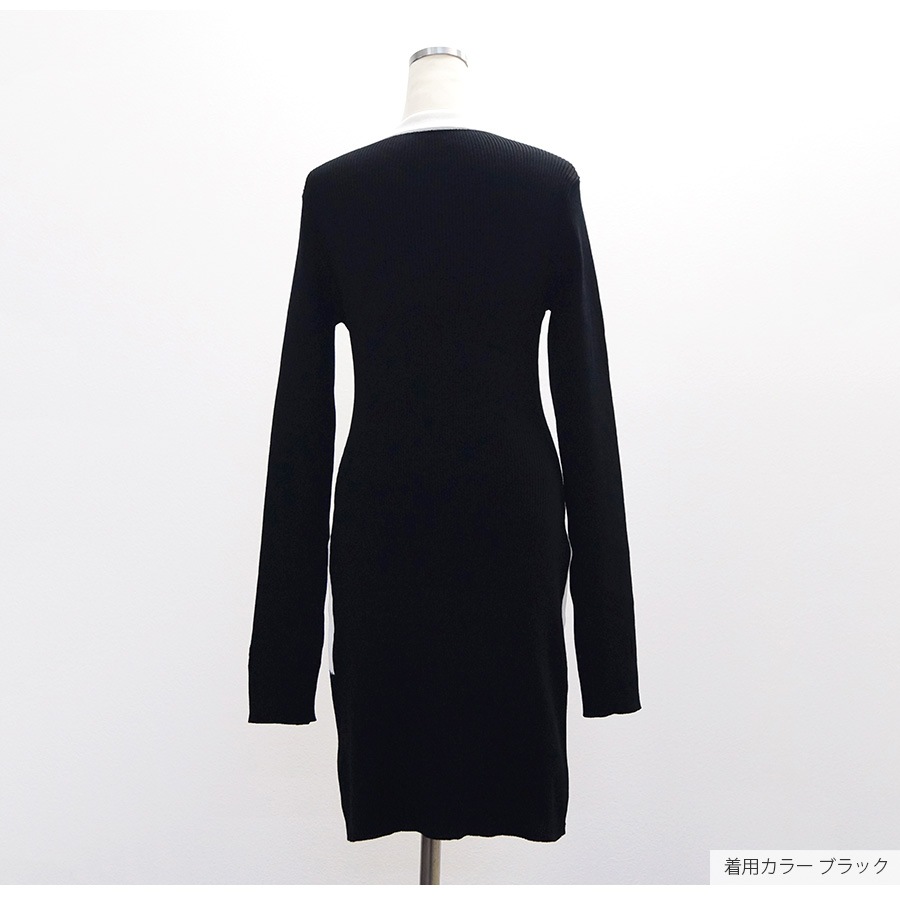 ニット ワンピース 襟付き ファスナー 指穴 バイカラー リブ 長袖 配色 タイトワンピース セクシー オフィスカジュアル 韓国ファッション シンプル きれいめ 大人 レディース 春 秋 冬 ブラック ブラウン フリーサイズ JOCOSA 9231