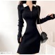 ニット ワンピース 襟付き ファスナー 指穴 バイカラー リブ 長袖 配色 タイトワンピース セクシー オフィスカジュアル 韓国ファッション シンプル きれいめ 大人 レディース 春 秋 冬 ブラック ブラウン フリーサイズ JOCOSA 9231