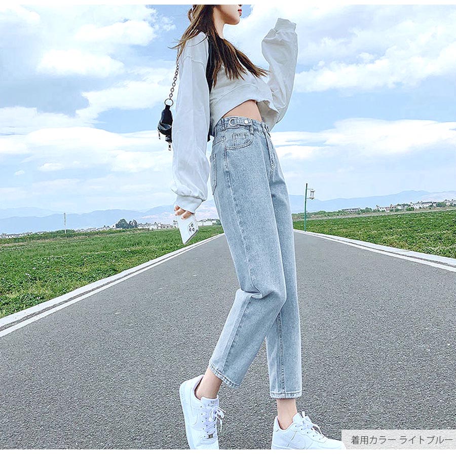 デニムパンツ 8分丈 ボトムス ストレート ポケット アジャスター 脚長 レディース 新作 春 夏 秋 ブラック グレー ライトブルー ブルー S M L XL JOCOSA 9138