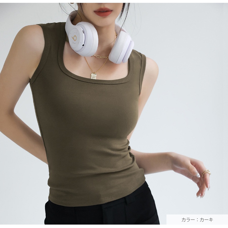 トップス ノースリーブ スクエアネック 伸縮 韓国ファッション JOCOSA 7254