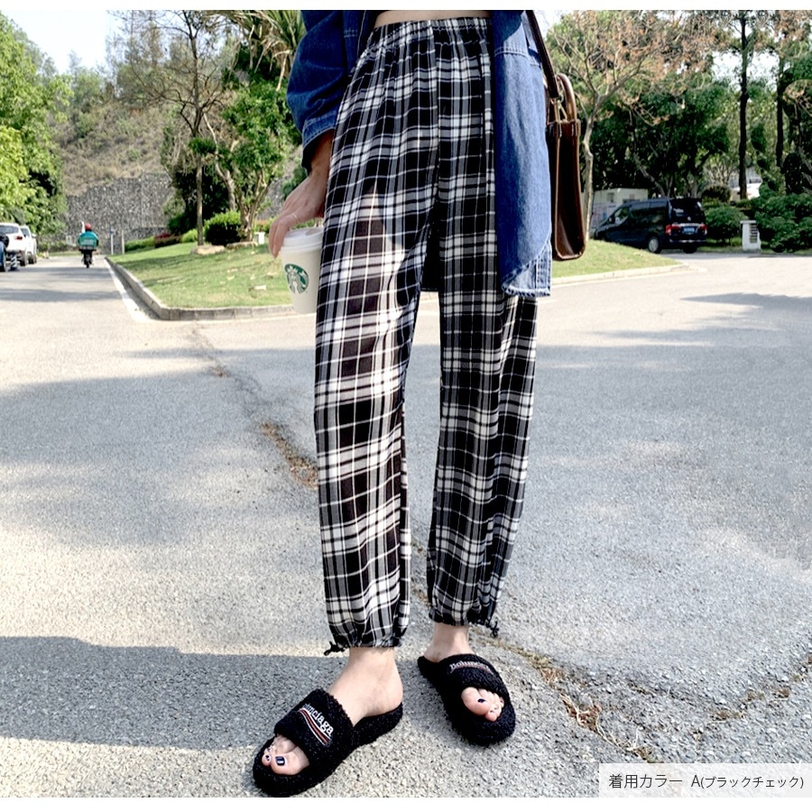 ジョガーパンツ 薄手 ワイドパンツ 夏 カジュアル ストリート ルームウェア パジャマ 部屋着 裾絞り ウエストゴム 韓国ファッション 大人 かわいい レディース 春 秋 チェック ギンガムチェック ドット ロゴ ブラック ホワイト グリーン フリーサイズ JOCOSA 8198