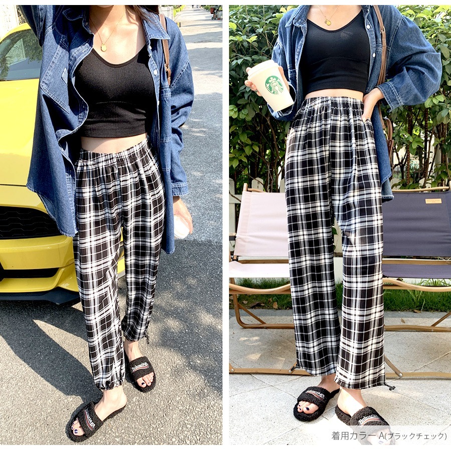 ジョガーパンツ 薄手 ワイドパンツ 夏 カジュアル ストリート ルームウェア パジャマ 部屋着 裾絞り ウエストゴム 韓国ファッション 大人 かわいい レディース 春 秋 チェック ギンガムチェック ドット ロゴ ブラック ホワイト グリーン フリーサイズ JOCOSA 8198