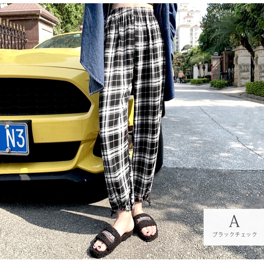 ジョガーパンツ 薄手 ワイドパンツ 夏 カジュアル ストリート ルームウェア パジャマ 部屋着 裾絞り ウエストゴム 韓国ファッション 大人 かわいい レディース 春 秋 チェック ギンガムチェック ドット ロゴ ブラック ホワイト グリーン フリーサイズ JOCOSA 8198