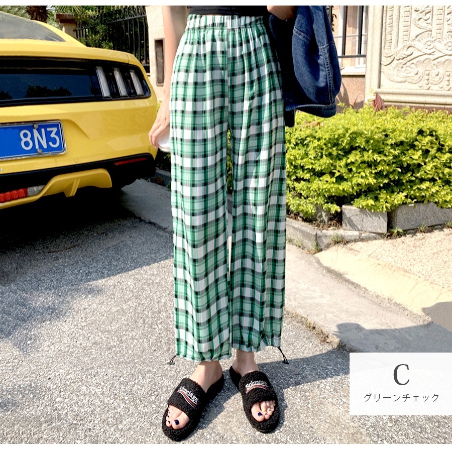 ジョガーパンツ 薄手 ワイドパンツ 夏 カジュアル ストリート ルームウェア パジャマ 部屋着 裾絞り ウエストゴム 韓国ファッション 大人 かわいい レディース 春 秋 チェック ギンガムチェック ドット ロゴ ブラック ホワイト グリーン フリーサイズ JOCOSA 8198