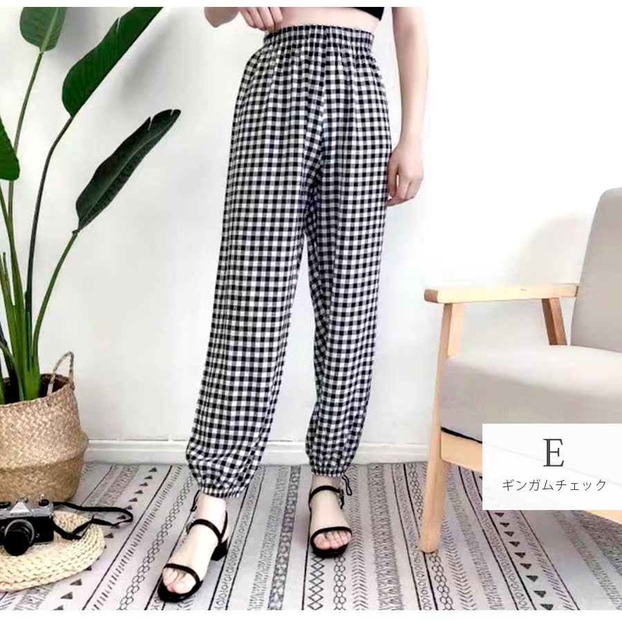 ジョガーパンツ 薄手 ワイドパンツ 夏 カジュアル ストリート ルームウェア パジャマ 部屋着 裾絞り ウエストゴム 韓国ファッション 大人 かわいい レディース 春 秋 チェック ギンガムチェック ドット ロゴ ブラック ホワイト グリーン フリーサイズ JOCOSA 8198