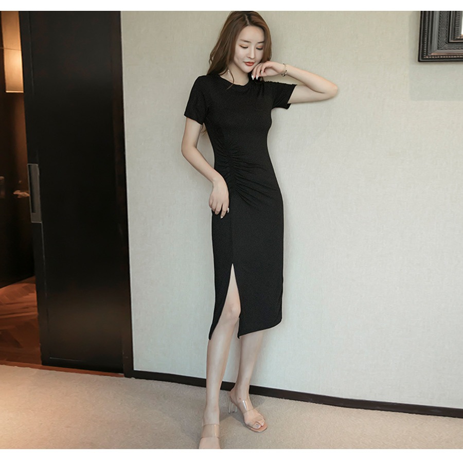 フロントギャザースリットワンピース レディース 春夏秋冬 新作 半袖 膝下 Ｔシャツ 無地 切替 タイト セクシー シンプル カジュアル おしゃれ 大人可愛い 韓国風 韓流 ブラック 黒 ダークグレー SML JOCOSA 8842 送料無料 即納