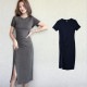 フロントギャザースリットワンピース レディース 春夏秋冬 新作 半袖 膝下 Ｔシャツ 無地 切替 タイト セクシー シンプル カジュアル おしゃれ 大人可愛い 韓国風 韓流 ブラック 黒 ダークグレー SML JOCOSA 8842 送料無料 即納