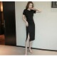フロントギャザースリットワンピース レディース 春夏秋冬 新作 半袖 膝下 Ｔシャツ 無地 切替 タイト セクシー シンプル カジュアル おしゃれ 大人可愛い 韓国風 韓流 ブラック 黒 ダークグレー SML JOCOSA 8842 送料無料 即納