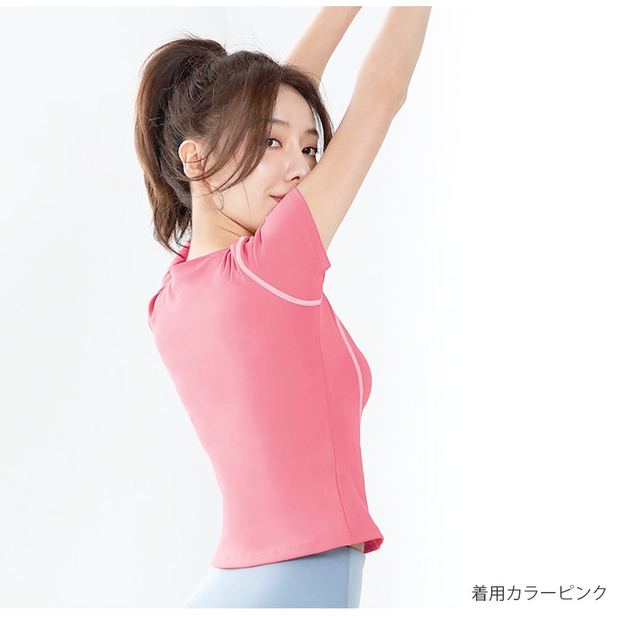 スポーツウェア トップス 半袖 ショート丈 フィットネス ヨガ レディース 無地 シンプル ライン 韓国ファッション 大人 かわいい おしゃれ シンプル ジム 春 夏 秋 ブラック ピンク パープル ブルー S M L JOCOSA 8752