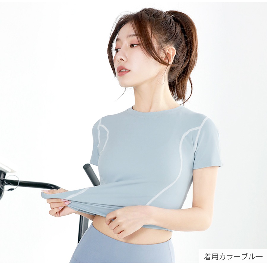 スポーツウェア トップス 半袖 ショート丈 フィットネス ヨガ レディース 無地 シンプル ライン 韓国ファッション 大人 かわいい おしゃれ シンプル ジム 春 夏 秋 ブラック ピンク パープル ブルー S M L JOCOSA 8752