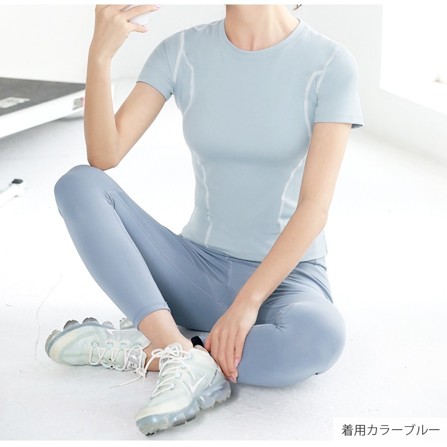 スポーツウェア トップス 半袖 ショート丈 フィットネス ヨガ レディース 無地 シンプル ライン 韓国ファッション 大人 かわいい おしゃれ シンプル ジム 春 夏 秋 ブラック ピンク パープル ブルー S M L JOCOSA 8752