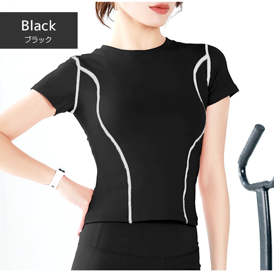 スポーツウェア トップス 半袖 ショート丈 フィットネス ヨガ レディース 無地 シンプル ライン 韓国ファッション 大人 かわいい おしゃれ シンプル ジム 春 夏 秋 ブラック ピンク パープル ブルー S M L JOCOSA 8752