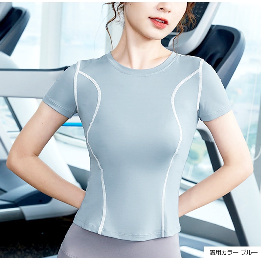 スポーツウェア トップス 半袖 ショート丈 フィットネス ヨガ レディース 無地 シンプル ライン 韓国ファッション 大人 かわいい おしゃれ シンプル ジム 春 夏 秋 ブラック ピンク パープル ブルー S M L JOCOSA 8752