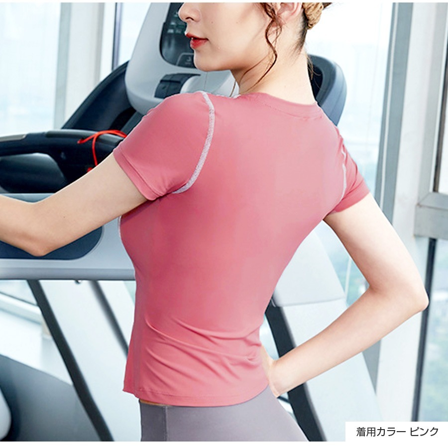 スポーツウェア トップス 半袖 ショート丈 フィットネス ヨガ レディース 無地 シンプル ライン 韓国ファッション 大人 かわいい おしゃれ シンプル ジム 春 夏 秋 ブラック ピンク パープル ブルー S M L JOCOSA 8752