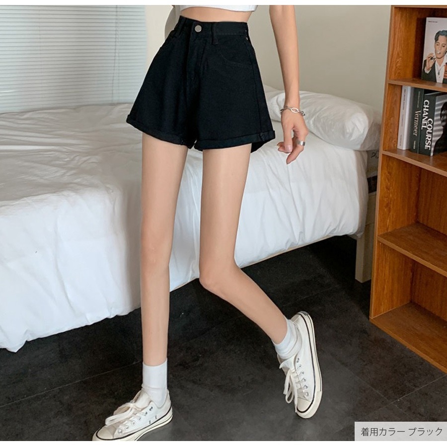 デニムパンツ ショート丈 ボトムス ポケット 裾ロールアップ 脚長 レディース 新作 春 夏 秋 ブラック ホワイト グレー ライトブルー ブルー S M L XL JOCOSA 9140