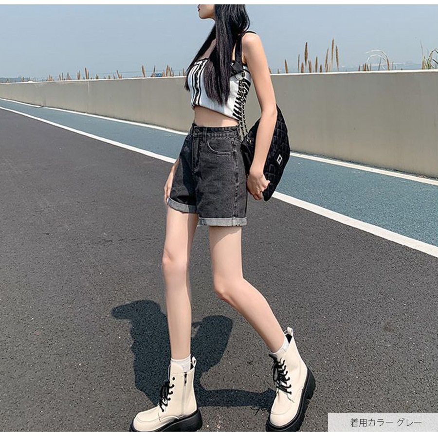 デニムパンツ ショート丈 ボトムス ポケット 裾ロールアップ 脚長 レディース 新作 春 夏 秋 ブラック ホワイト グレー ライトブルー ブルー S M L XL JOCOSA 9140