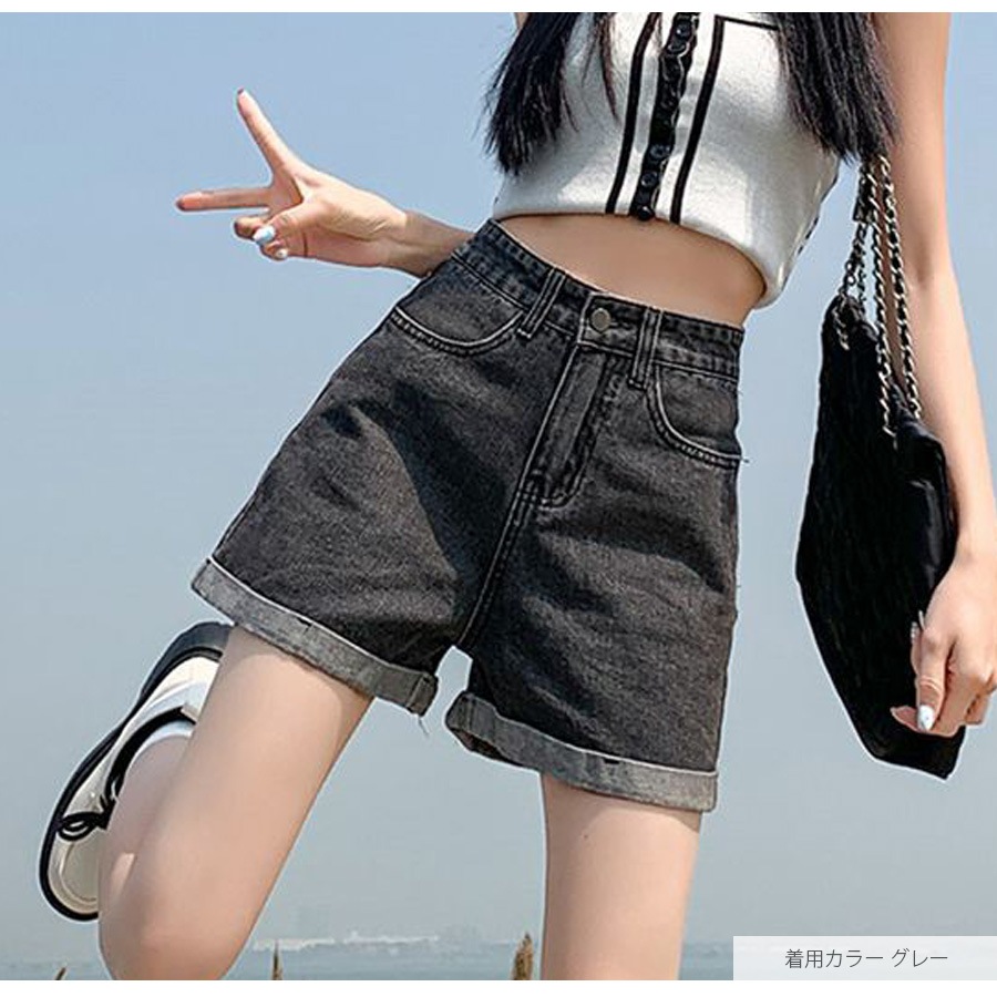 デニムパンツ ショート丈 ボトムス ポケット 裾ロールアップ 脚長 レディース 新作 春 夏 秋 ブラック ホワイト グレー ライトブルー ブルー S M L XL JOCOSA 9140