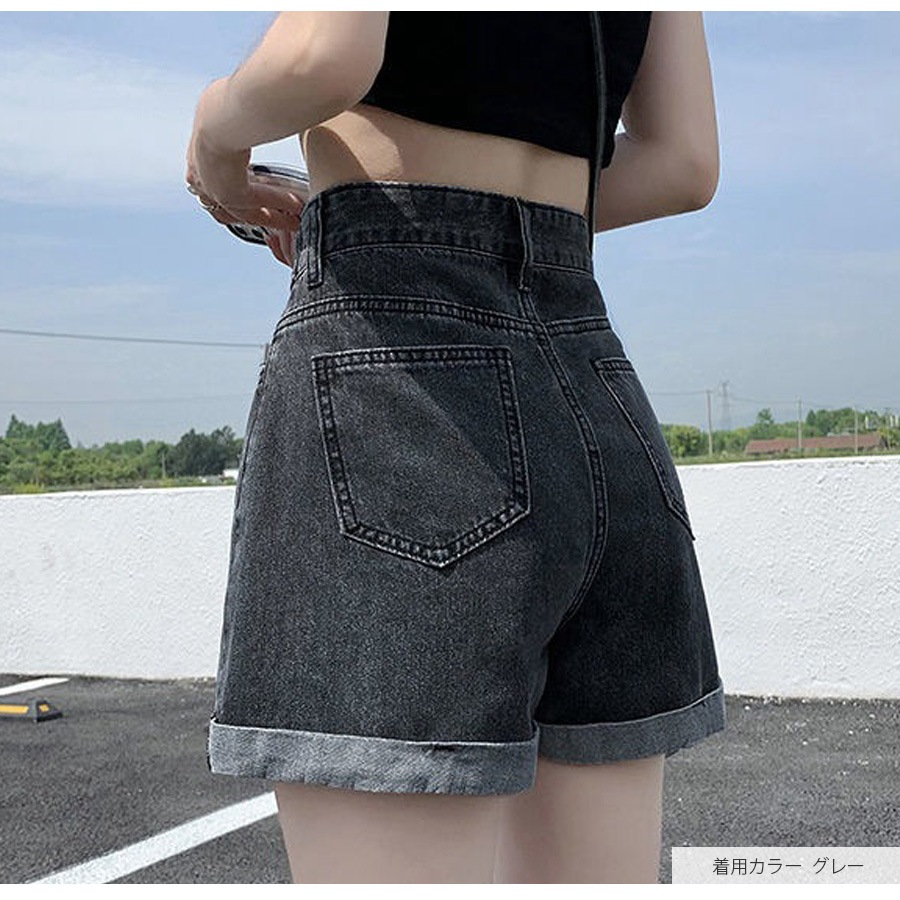 デニムパンツ ショート丈 ボトムス ポケット 裾ロールアップ 脚長 レディース 新作 春 夏 秋 ブラック ホワイト グレー ライトブルー ブルー S M L XL JOCOSA 9140