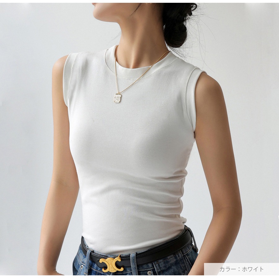 トップス ノースリーブ クルーネック 伸縮 韓国ファッション JOCOSA 7255