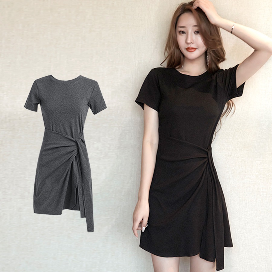 サイドリボンミニＴシャツワンピース レディース 春夏秋冬 新作 半袖 ラップスカート風 ショート丈 無地 タイト セクシー シンプル カジュアル おしゃれ 大人可愛い 韓国風 韓流 ダークグレー ブラック 黒 SML JOCOSA 8843 送料無料 即納
