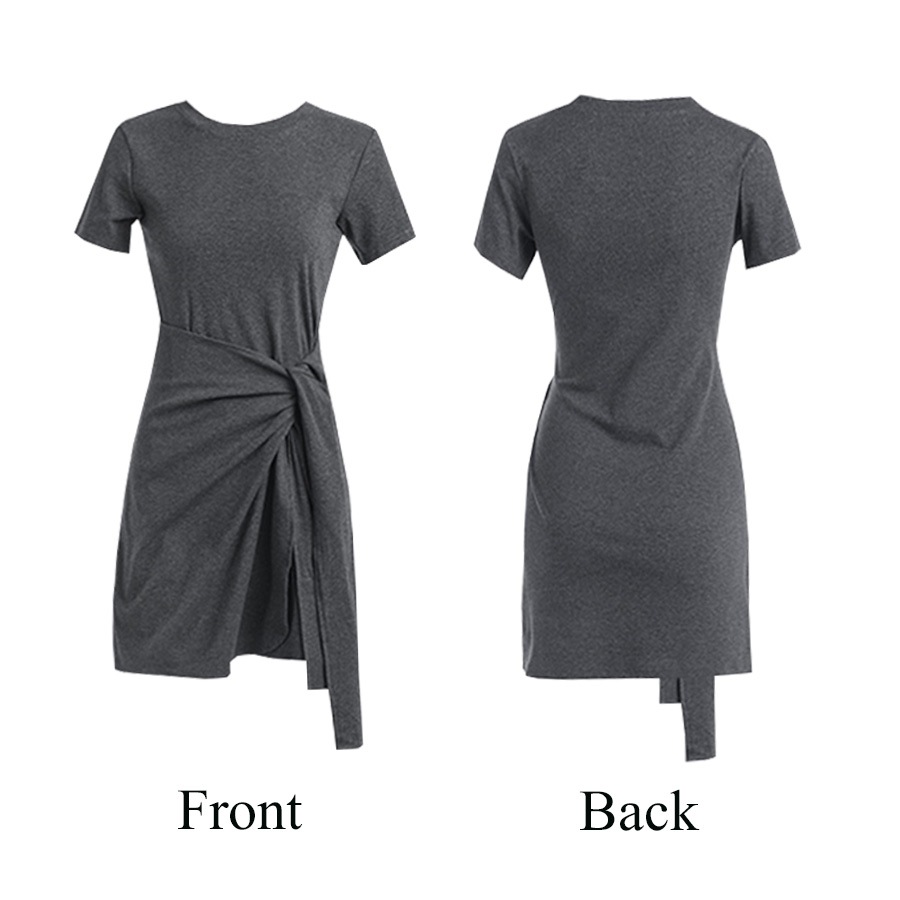 サイドリボンミニＴシャツワンピース レディース 春夏秋冬 新作 半袖 ラップスカート風 ショート丈 無地 タイト セクシー シンプル カジュアル おしゃれ 大人可愛い 韓国風 韓流 ダークグレー ブラック 黒 SML JOCOSA 8843 送料無料 即納