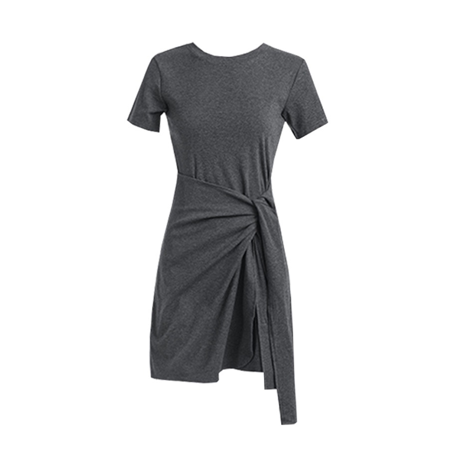 サイドリボンミニＴシャツワンピース レディース 春夏秋冬 新作 半袖 ラップスカート風 ショート丈 無地 タイト セクシー シンプル カジュアル おしゃれ 大人可愛い 韓国風 韓流 ダークグレー ブラック 黒 SML JOCOSA 8843 送料無料 即納