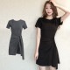 サイドリボンミニＴシャツワンピース レディース 春夏秋冬 新作 半袖 ラップスカート風 ショート丈 無地 タイト セクシー シンプル カジュアル おしゃれ 大人可愛い 韓国風 韓流 ダークグレー ブラック 黒 SML JOCOSA 8843 送料無料 即納