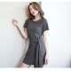 サイドリボンミニＴシャツワンピース レディース 春夏秋冬 新作 半袖 ラップスカート風 ショート丈 無地 タイト セクシー シンプル カジュアル おしゃれ 大人可愛い 韓国風 韓流 ダークグレー ブラック 黒 SML JOCOSA 8843 送料無料 即納
