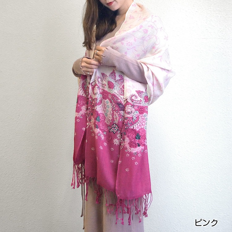 ストール レディース 大判 花柄 ウール100% 薄手 春 夏 秋 冬 ショール 羽織 ひざ掛け ブランケット 上品 ピンク パープル グレー JOCOSA 送料無料 即納 8698