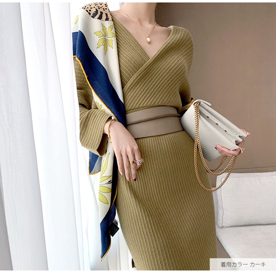 ニットワンピース タイト カシュクール風 Vネック 長袖 ロング リブ 無地 セクシー デート レディース 春 秋 冬 新作 ブラック 黒 ピンク レッド 赤 ベージュ ブルー 青 カーキ ブラウン 茶 フリーサイズ JOCOSA 9238