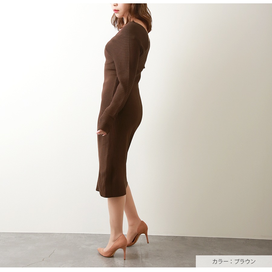 ニットワンピース タイト カシュクール風 Vネック 長袖 ロング リブ 無地 セクシー デート レディース 春 秋 冬 新作 ブラック 黒 ピンク レッド 赤 ベージュ ブルー 青 カーキ ブラウン 茶 フリーサイズ JOCOSA 9238