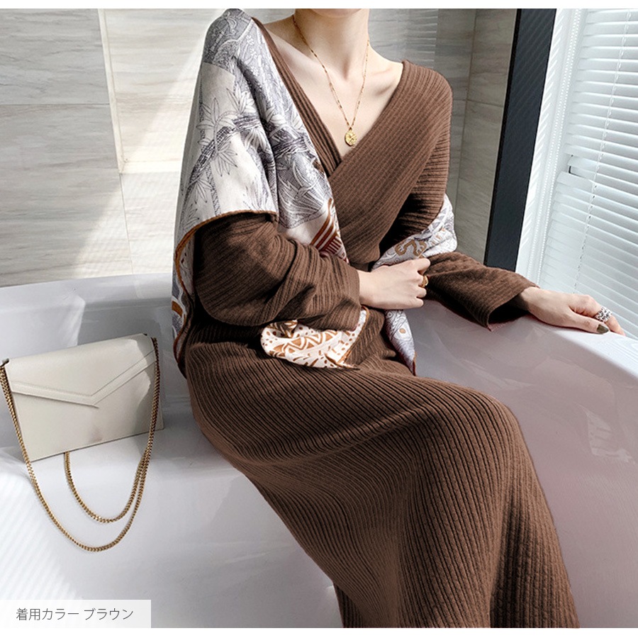 ニットワンピース タイト カシュクール風 Vネック 長袖 ロング リブ 無地 セクシー デート レディース 春 秋 冬 新作 ブラック 黒 ピンク レッド 赤 ベージュ ブルー 青 カーキ ブラウン 茶 フリーサイズ JOCOSA 9238