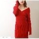 ニットワンピース タイト カシュクール風 Vネック 長袖 ロング リブ 無地 セクシー デート レディース 春 秋 冬 新作 ブラック 黒 ピンク レッド 赤 ベージュ ブルー 青 カーキ ブラウン 茶 フリーサイズ JOCOSA 9238