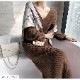 ニットワンピース タイト カシュクール風 Vネック 長袖 ロング リブ 無地 セクシー デート レディース 春 秋 冬 新作 ブラック 黒 ピンク レッド 赤 ベージュ ブルー 青 カーキ ブラウン 茶 フリーサイズ JOCOSA 9238