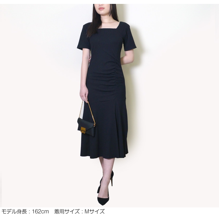 スクエアネックフロントギャザーワンピース レディース 春夏秋冬 新作 半袖 ロング フレア 無地 切替 タイト セクシー シンプル パーティー デート 大人 可愛い 韓国 韓流 ブラック 黒 SML JOCOSA 8845 送料無料 即納