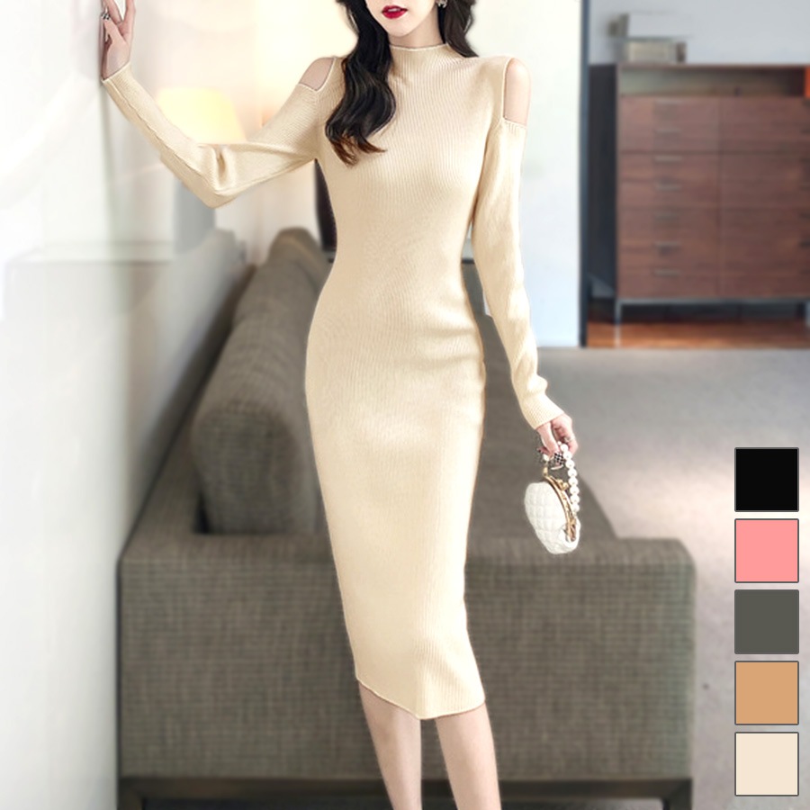 ニットワンピース 肩出し 長袖 タイト 無地 リブ ハイネック タイト