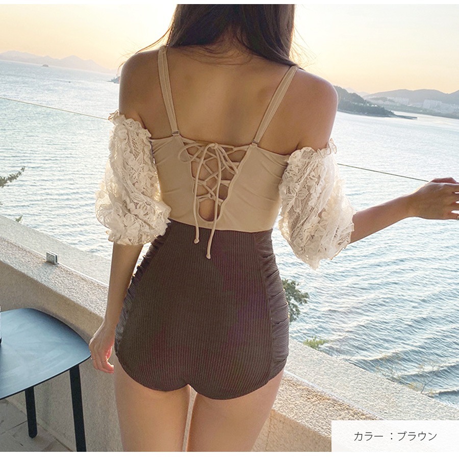 水着 ワンピース 体型カバー オフショル 半袖 レースアップ レース フリル パッド付き オールインワン レディース 春 夏 新作 ブラウン M L XL JOCOSA 9825