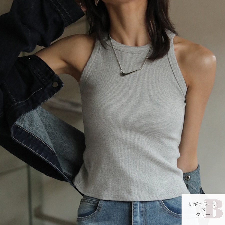 トップス ノースリーブ ニット タンクトップ ラウンドネック ショート丈 レギュラー丈 2タイプ 伸縮 韓国ファッション レディース ML JOCOSA 7258