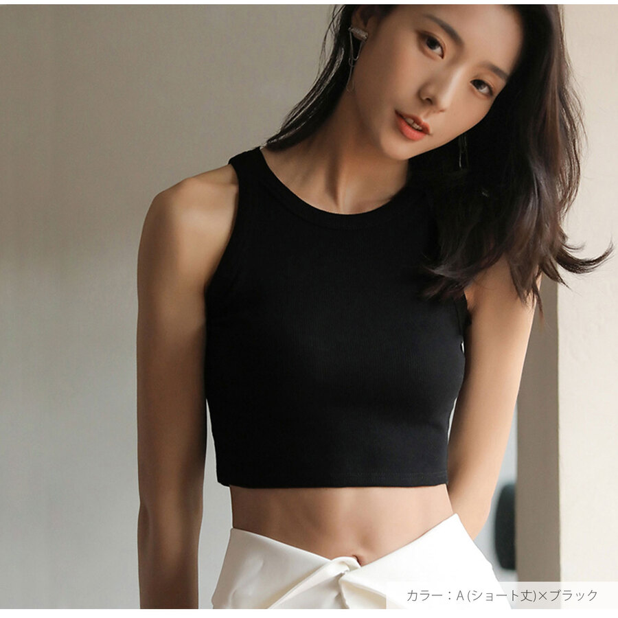 トップス ノースリーブ ニット タンクトップ ラウンドネック ショート丈 レギュラー丈 2タイプ 伸縮 韓国ファッション レディース ML JOCOSA 7258