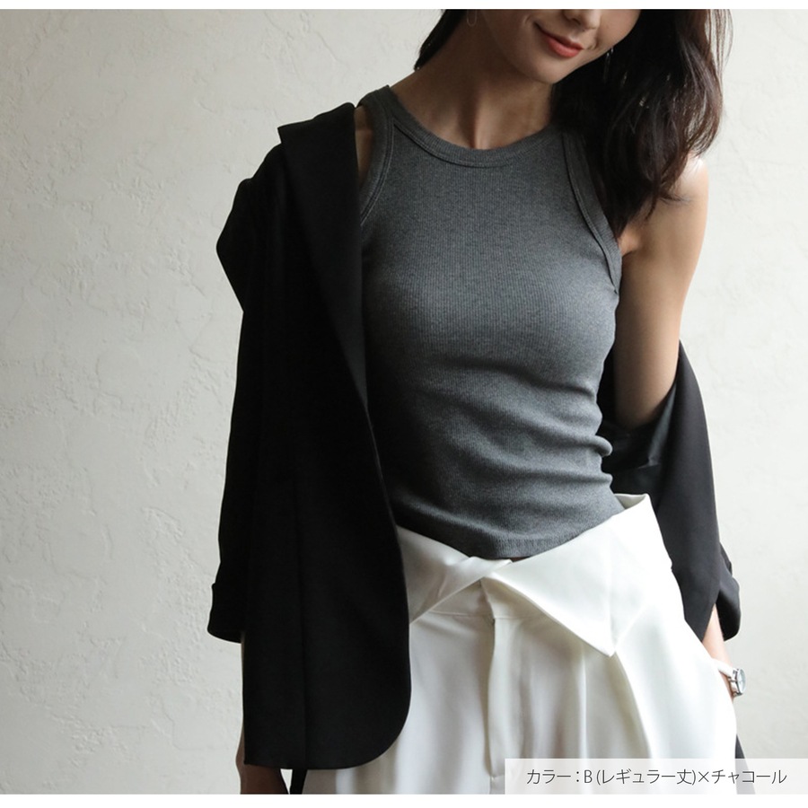 トップス ノースリーブ ニット タンクトップ ラウンドネック ショート丈 レギュラー丈 2タイプ 伸縮 韓国ファッション レディース ML JOCOSA 7258