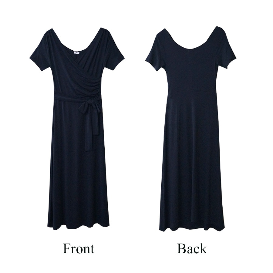 カシュクールマキシワンピース レディース 春夏秋冬 新作 半袖 Vネック ロング オフショルダー リボン フレア 無地 肌見せ セクシー シンプル パーティー デート 大人 可愛い 韓国 韓流 ブラック 黒 SML JOCOSA 8846 送料無料 即納