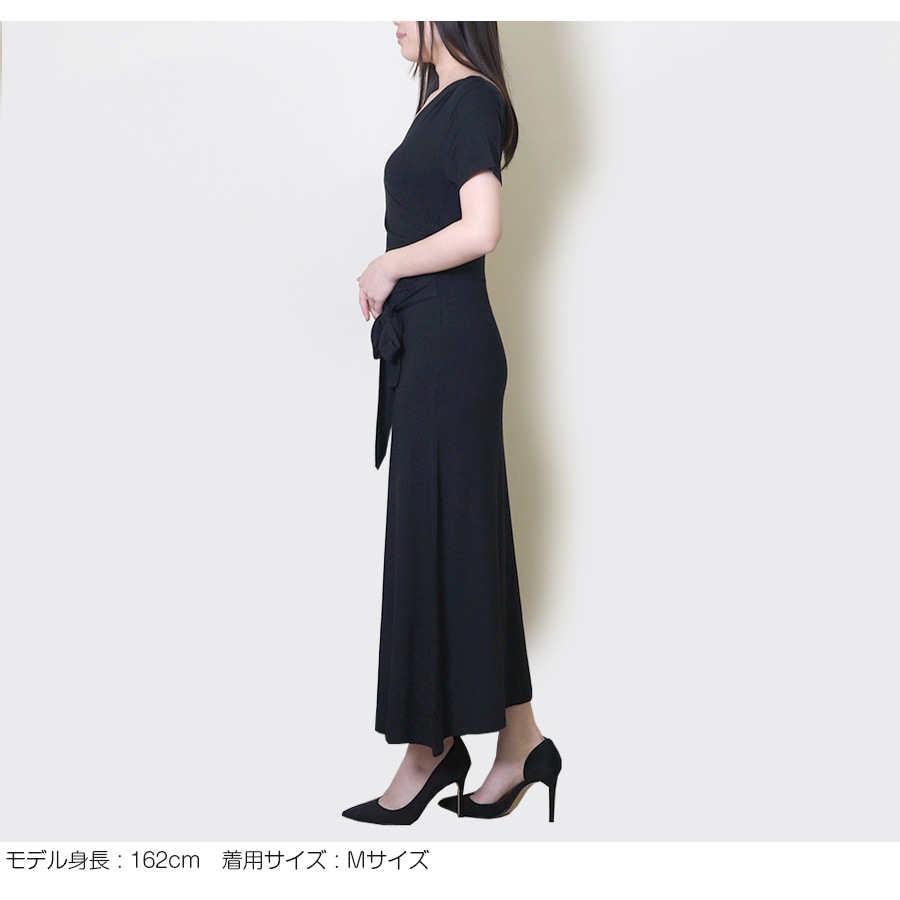 カシュクールマキシワンピース レディース 春夏秋冬 新作 半袖 Vネック ロング オフショルダー リボン フレア 無地 肌見せ セクシー シンプル パーティー デート 大人 可愛い 韓国 韓流 ブラック 黒 SML JOCOSA 8846 送料無料 即納