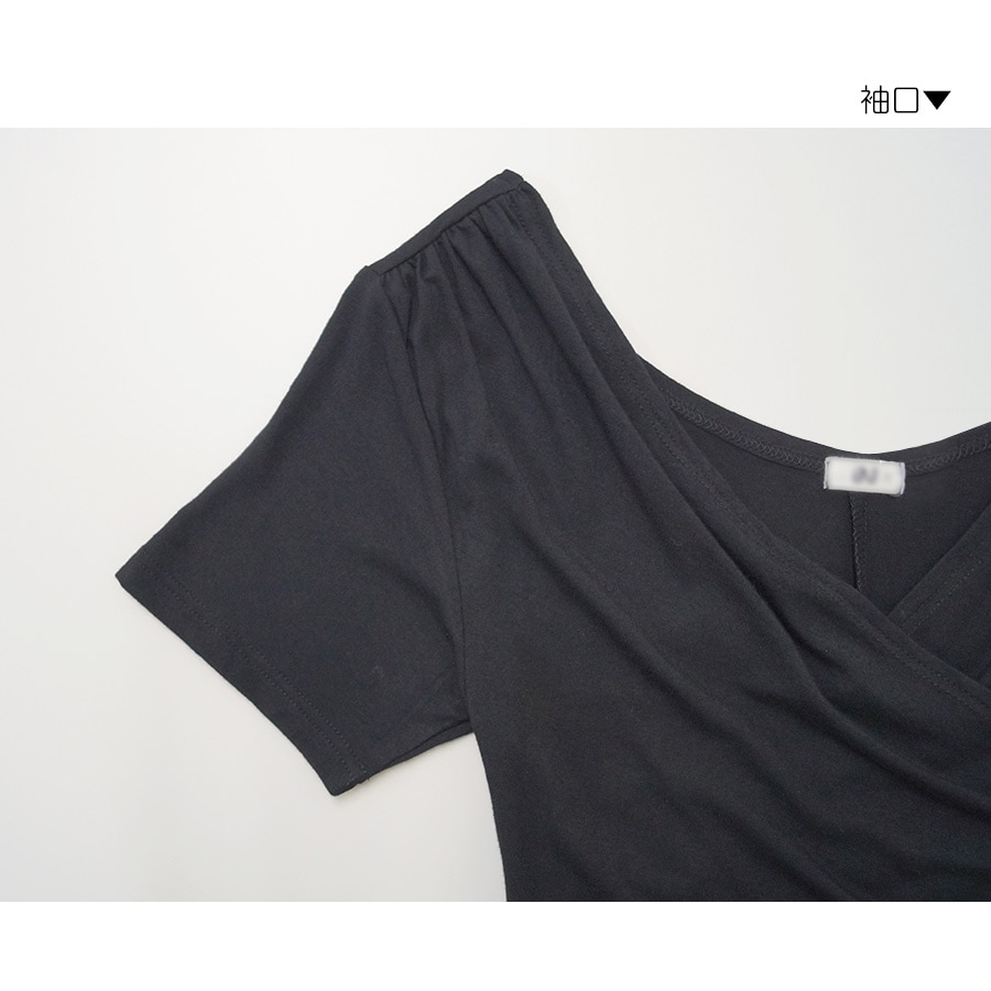 カシュクールマキシワンピース レディース 春夏秋冬 新作 半袖 Vネック ロング オフショルダー リボン フレア 無地 肌見せ セクシー シンプル パーティー デート 大人 可愛い 韓国 韓流 ブラック 黒 SML JOCOSA 8846 送料無料 即納