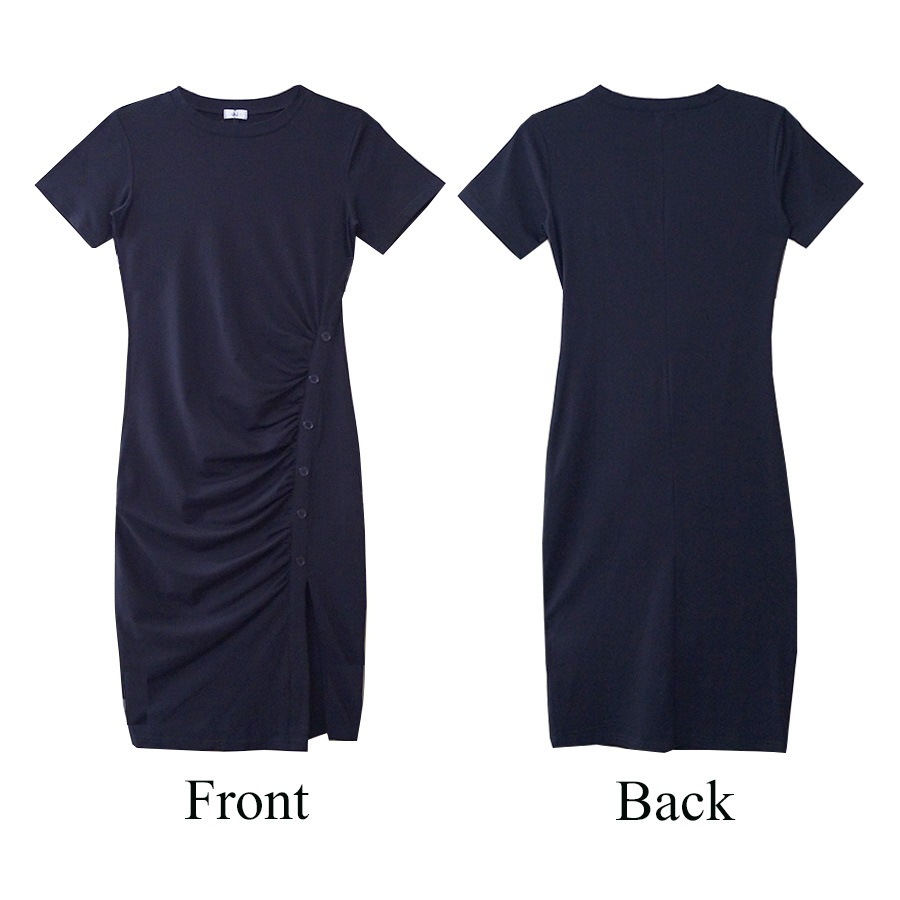 フロントギャザーボタンスリットワンピース レディース 春夏秋冬 新作 半袖 膝丈 Ｔシャツ 無地 タイト セクシー シンプル カジュアル おしゃれ 大人可愛い 韓国風 韓流 ブラック 黒 グレー SML JOCOSA 8847 送料無料 即納