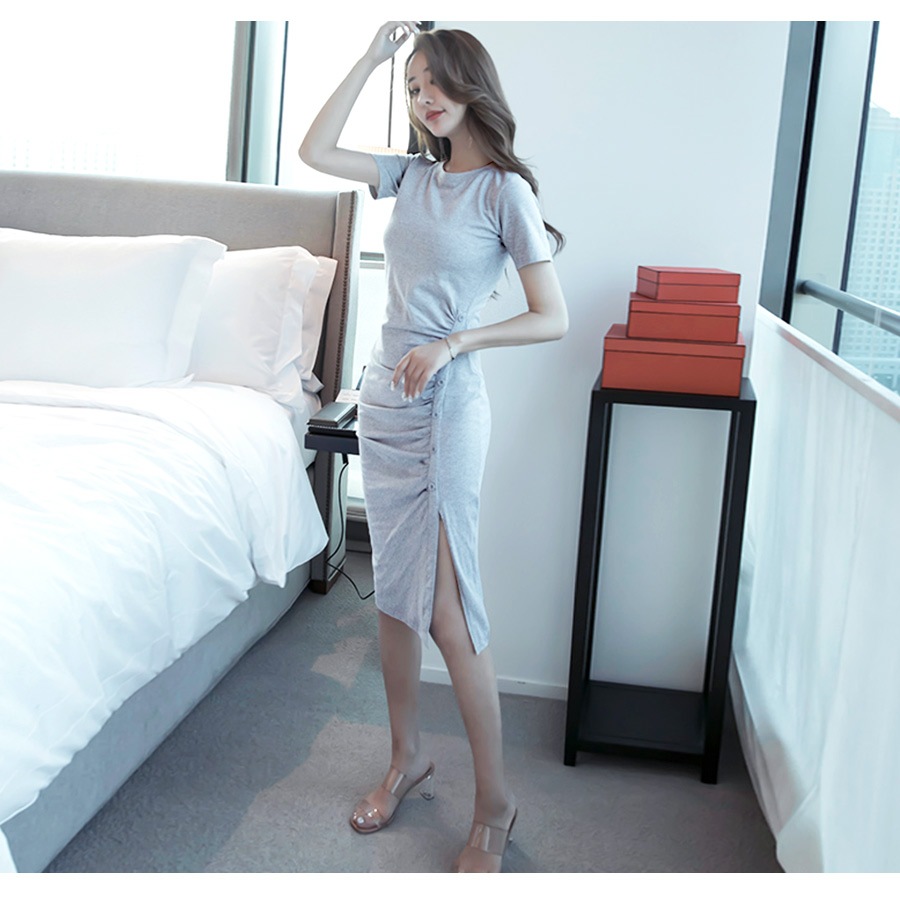 フロントギャザーボタンスリットワンピース レディース 春夏秋冬 新作 半袖 膝丈 Ｔシャツ 無地 タイト セクシー シンプル カジュアル おしゃれ 大人可愛い 韓国風 韓流 ブラック 黒 グレー SML JOCOSA 8847 送料無料 即納