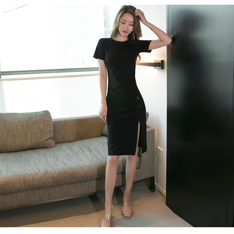 フロントギャザーボタンスリットワンピース レディース 春夏秋冬 新作 半袖 膝丈 Ｔシャツ 無地 タイト セクシー シンプル カジュアル おしゃれ 大人可愛い 韓国風 韓流 ブラック 黒 グレー SML JOCOSA 8847 送料無料 即納