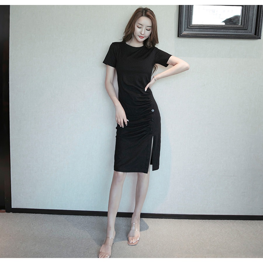フロントギャザーボタンスリットワンピース レディース 春夏秋冬 新作 半袖 膝丈 Ｔシャツ 無地 タイト セクシー シンプル カジュアル おしゃれ 大人可愛い 韓国風 韓流 ブラック 黒 グレー SML JOCOSA 8847 送料無料 即納