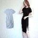 フロントギャザーボタンスリットワンピース レディース 春夏秋冬 新作 半袖 膝丈 Ｔシャツ 無地 タイト セクシー シンプル カジュアル おしゃれ 大人可愛い 韓国風 韓流 ブラック 黒 グレー SML JOCOSA 8847 送料無料 即納