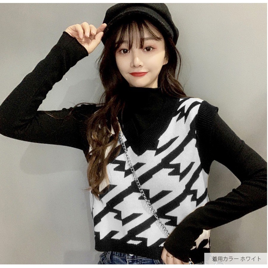 ニットベスト 格子 トップス 韓国ファッション 韓国 大人 Vネック シンプル ストリート レイヤード レディース 春 夏 秋 冬 新作 ブラック 黒 ブラウン 茶 フリーサイズ JOCOSA 7057